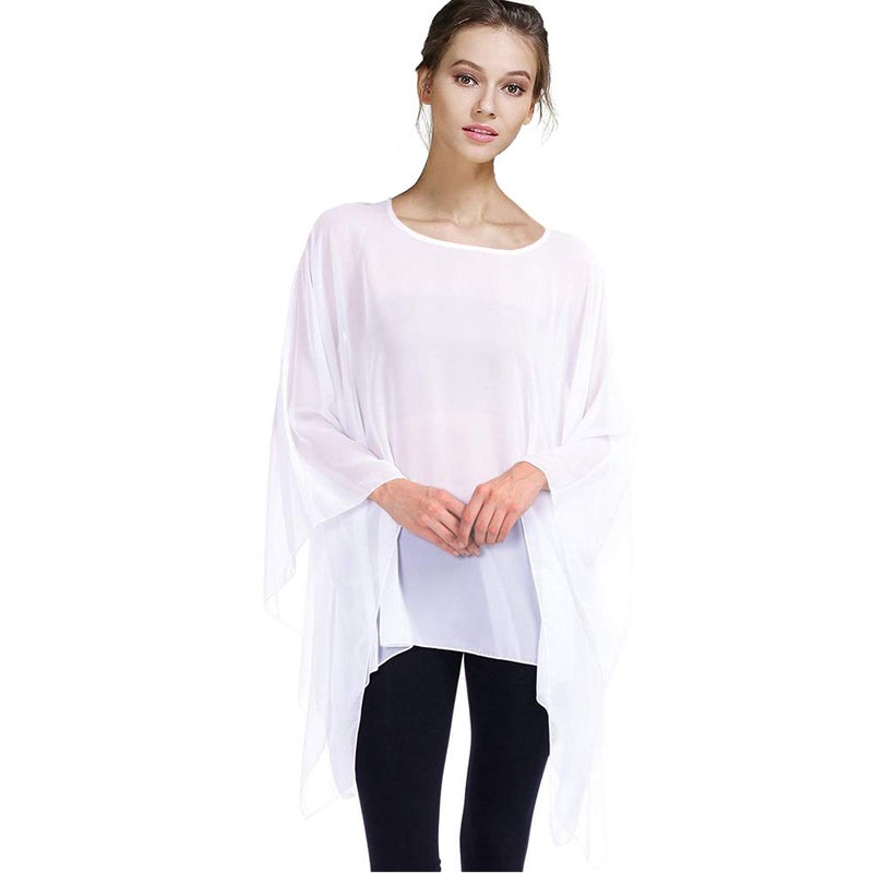 Max Hsuan Womens Summer Solid Sheer Batwing Blouse Chiffon Caftan Poncho Tunic Top Plus Size Cover up White - Image 1